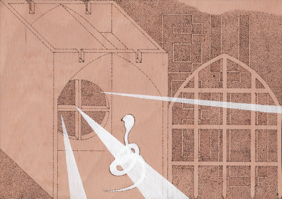 Totem 1, 2022, 21 x 29,7 cm, pyrography, acrylic, wood