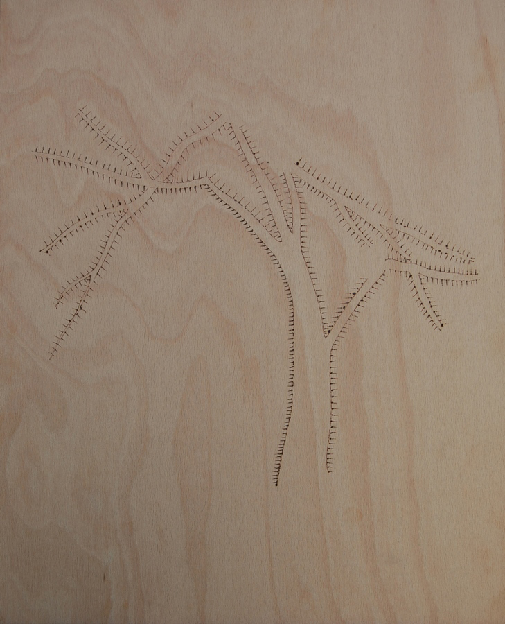 Dráma a kertben, 2025, 50 x 40 cm, pyrography, wood