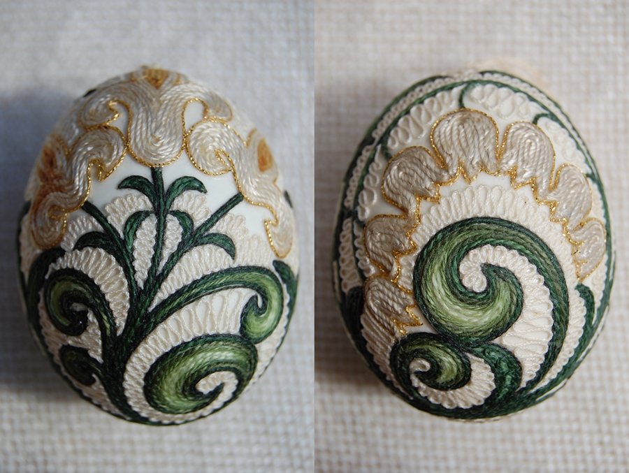 Easter Egg (Lily, Lily of the Valley), 2002, 6 x 4,7 cm, crewel, glue